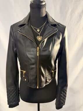 Guess Black Faux Leather Jacket with Gold Hardware